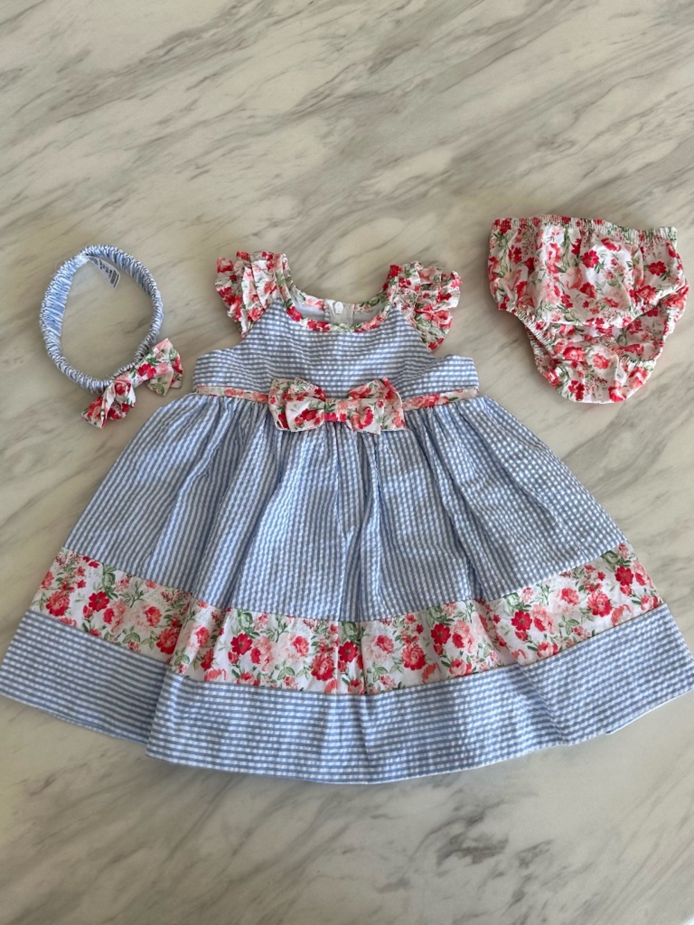 Iris & Ivy Blue Seersucker Red Floral Dress Headband & Bloomers Set 6-9M